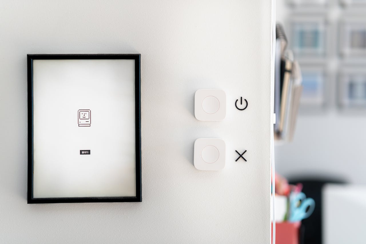creative-01 Modern minimalist interior featuring smart home devices and framed art for contemporary design aesthetics.